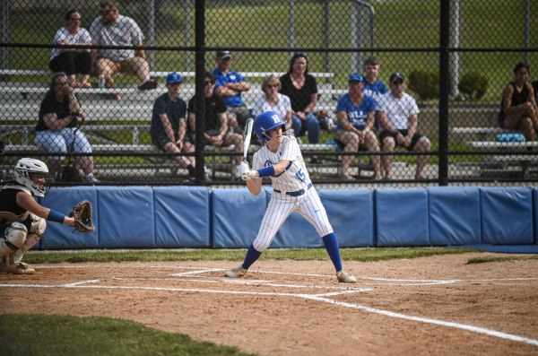 Freshman Morgan Pompili is up to swing at home (photo taken 5/24/23) now a sophomore.  
